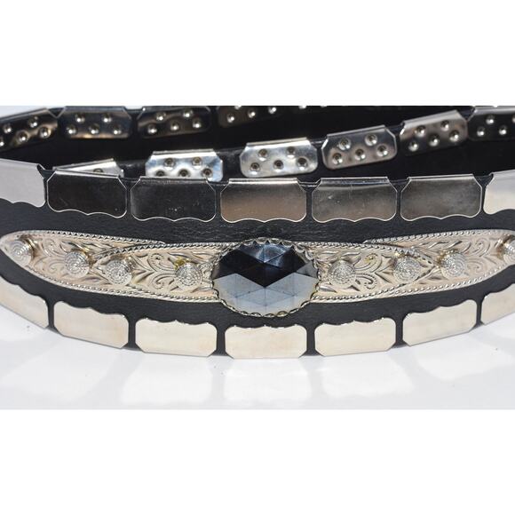 80s Chad Calvin Silver tone Studded Filigree & Black Rhinestone Leather Belt